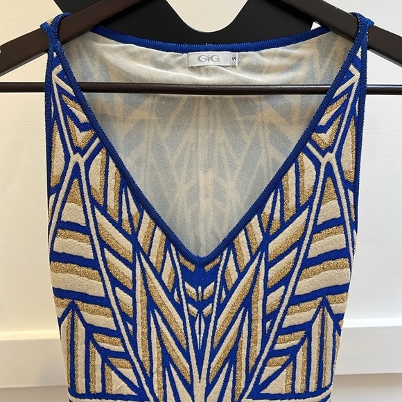 GIG Body-con style blue gold tan patterned flare dress Small - fits like XS - Picture 4 of 8